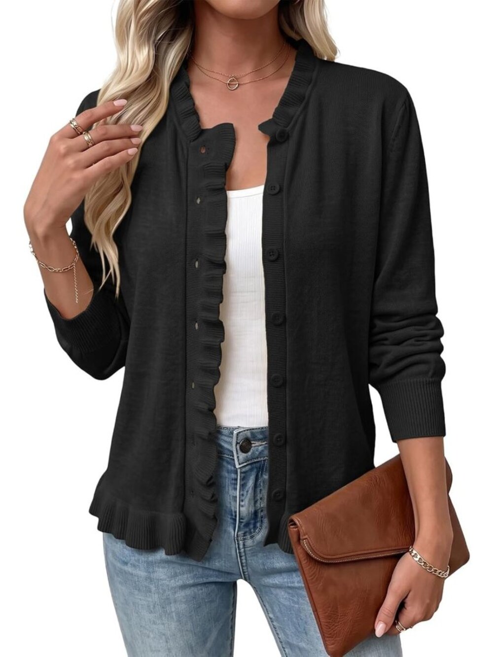 Elegant Knit Cardigan Sweater for Women | Ruffle Trim, Cozy Layering Piece